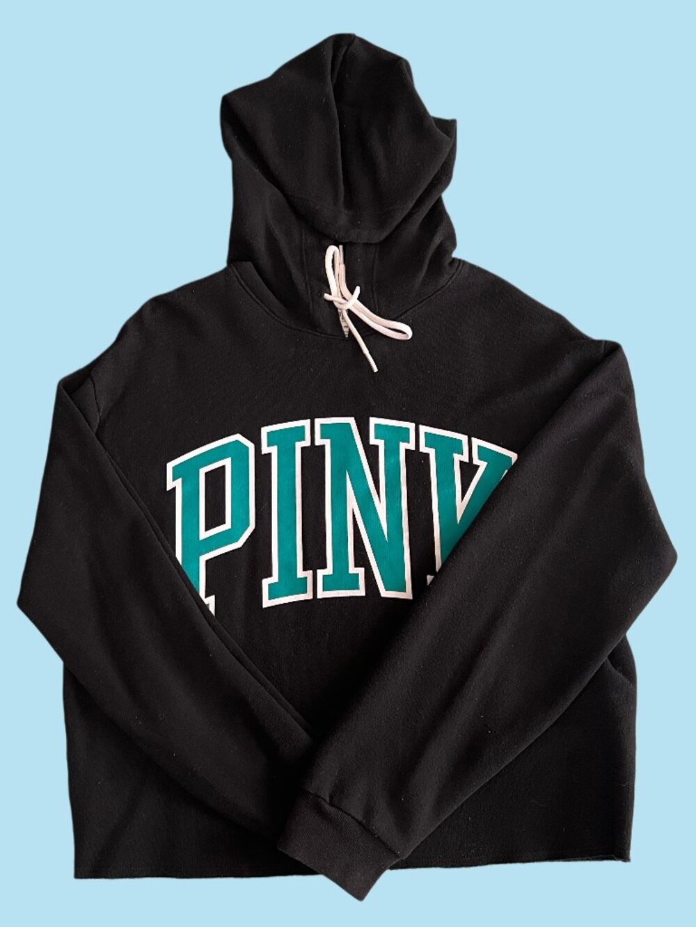 PINK Victoria’s Secret Black Cropped Hoodie Teal Logo Pullover Size S